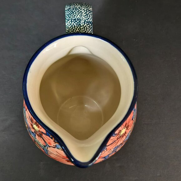 Polish Pottery UNIKAT Jungle Flower Small Stoneware Pitcher w Floral Design 6" - Picture 5 of 9